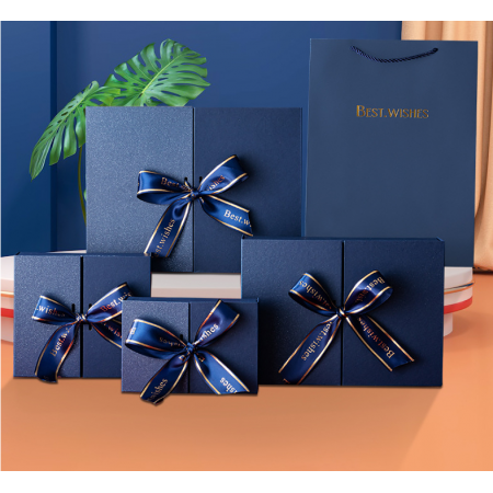 Luxury Personalized Gift Box Blue Split Open Double Door Business Packaging Cosmetic Gift Paper Box Ribbon 
