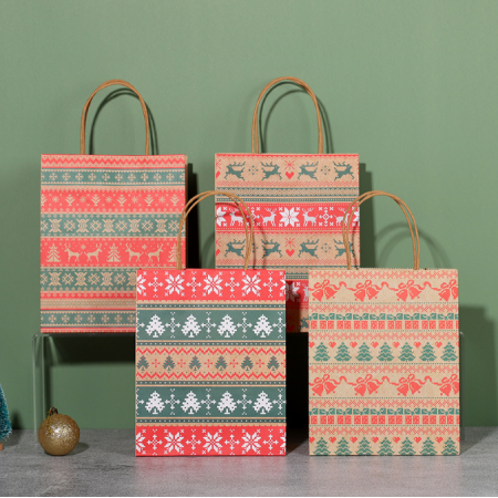 Christmas Kraft Gift Bags With Handle Paper Bag Custom Print Logo 