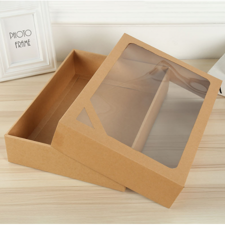Kraft Gift Box Packaging Base With Lid Clear PVC Window 